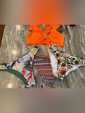 Cupshe Neon Orange Ruffle Bikini Top, Floral White Bikini Bottom, 2 extras